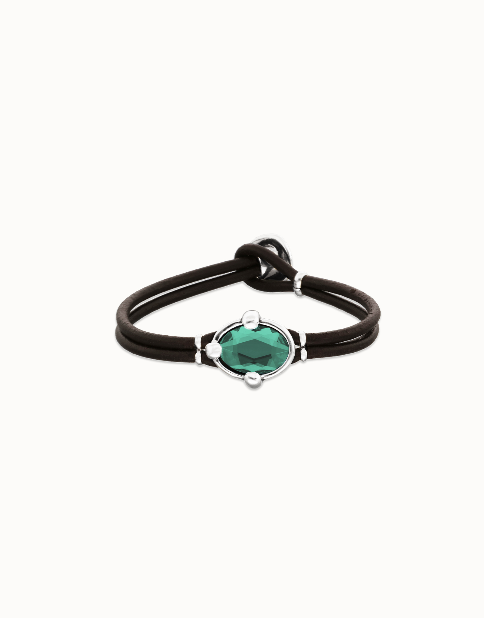 Leather bracelet with green oval faceted crystal, Silver, large thumbnail